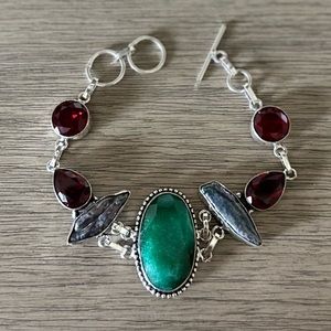 0465 Simulated Emerald Biwa Pearl Bracelet Handmade Silver Statement Jewelry